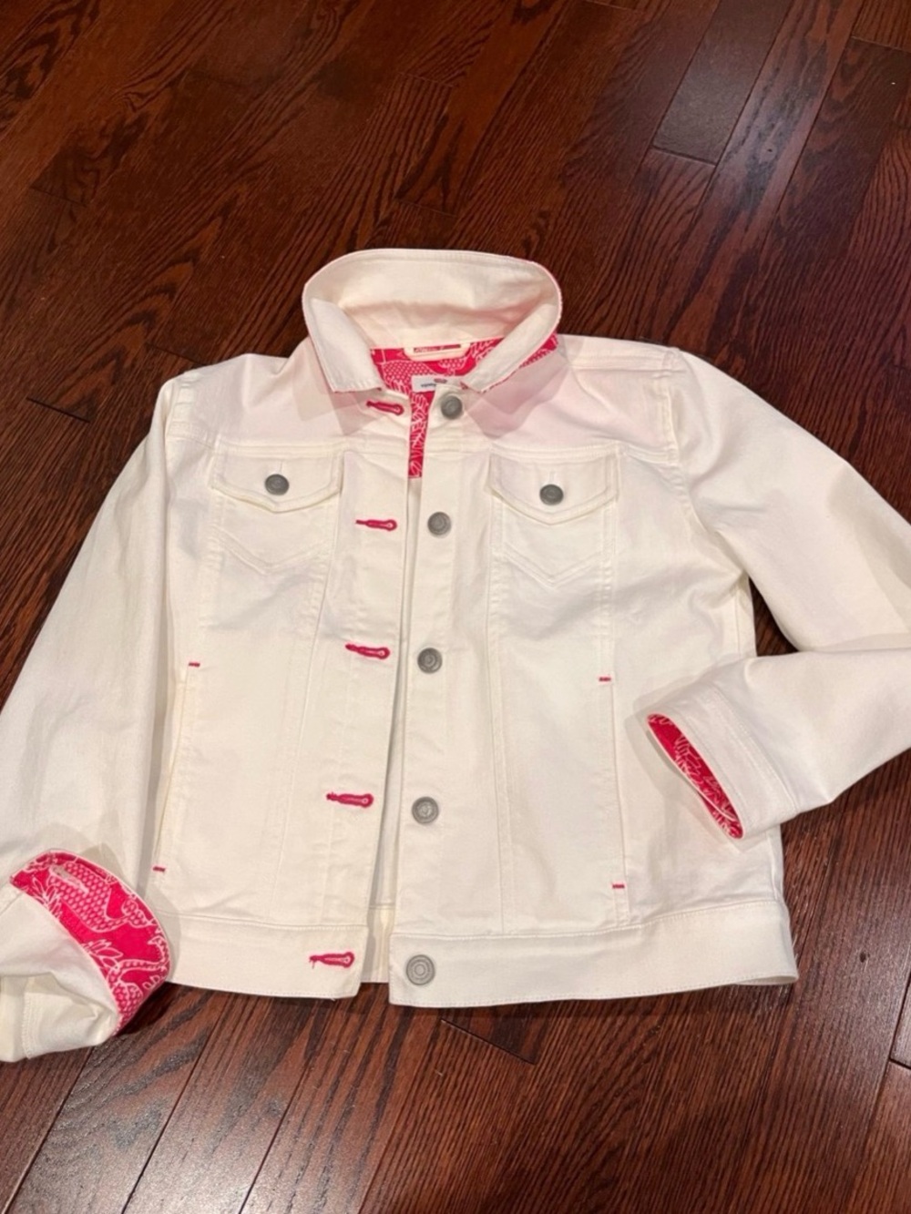 Vineyard Vines White Denim Jacket with Pink Trim